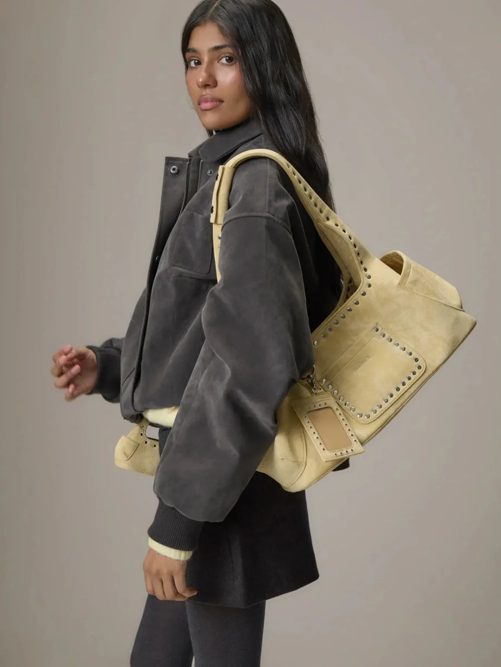Seekers Martha Suede Shoulder Bag in Pale Yellow - Picture 1 of 3